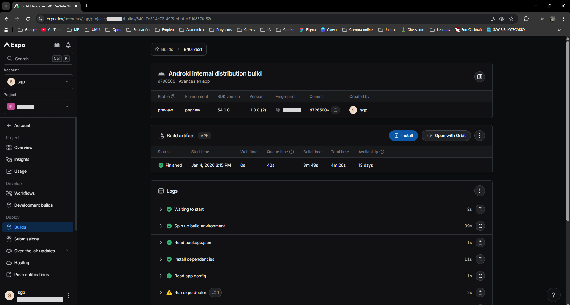Vista del proyecto en el panel de usuario de Expo.dev